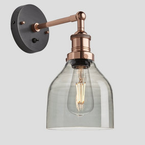 Industville Brooklyn Tinted Glass Cone Wall Light, 6 Inch, Smoke Grey, Copper Holder