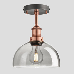 Industville Brooklyn Tinted Glass Dome Flush Mount, 8 Inch, Smoke Grey, Copper Holder