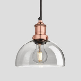 Industville Brooklyn Tinted Glass Dome Pendant, 8 Inch, Smoke Grey, Copper Holder