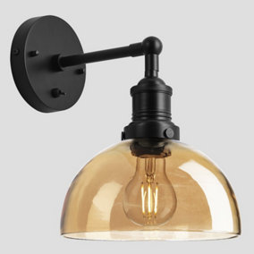 Industville Brooklyn Tinted Glass Dome Wall Light, 8 Inch, Amber, Black Holder