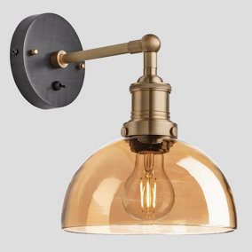 Industville Brooklyn Tinted Glass Dome Wall Light, 8 Inch, Amber, Brass Holder