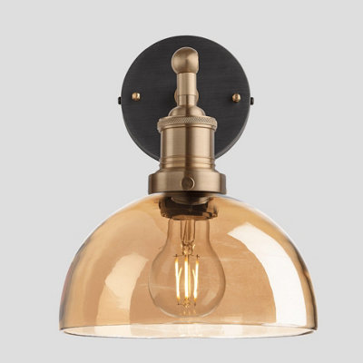 Industville Brooklyn Tinted Glass Dome Wall Light, 8 Inch, Amber, Brass Holder