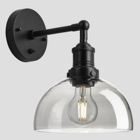 Industville Brooklyn Tinted Glass Dome Wall Light, 8 Inch, Smoke Grey, Black Holder