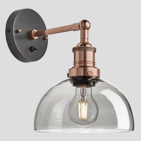 Industville Brooklyn Tinted Glass Dome Wall Light, 8 Inch, Smoke Grey, Copper Holder