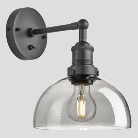 Industville Brooklyn Tinted Glass Dome Wall Light, 8 Inch, Smoke Grey, Pewter Holder