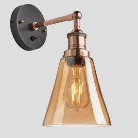 Industville Brooklyn Tinted Glass Flask Wall Light, 6 Inch, Amber, Copper Holder