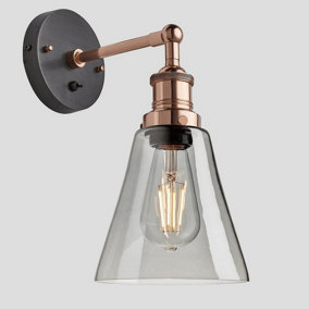 Industville Brooklyn Tinted Glass Flask  Wall Light, 6 Inch, Smoke Grey, Copper Holder