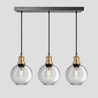 Industville Brooklyn Tinted Glass Globe 3 Wire Cluster Lights, 7 inch, Smoke Grey, Brass holder