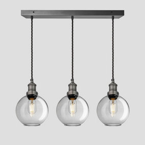 Industville Brooklyn Tinted Glass Globe 3 Wire Cluster Lights, 7 inch, Smoke Grey, Pewter holder