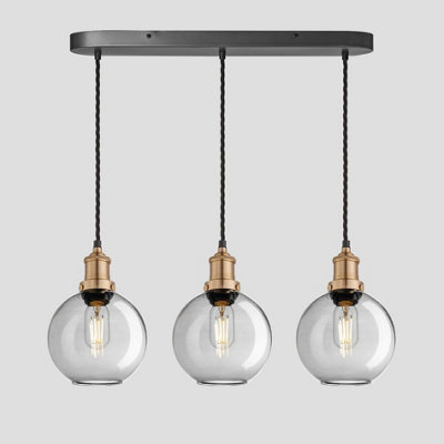 Industville Brooklyn Tinted Glass Globe 3 Wire Oval Cluster Lights, 7 inch, Smoke Grey, Brass holder