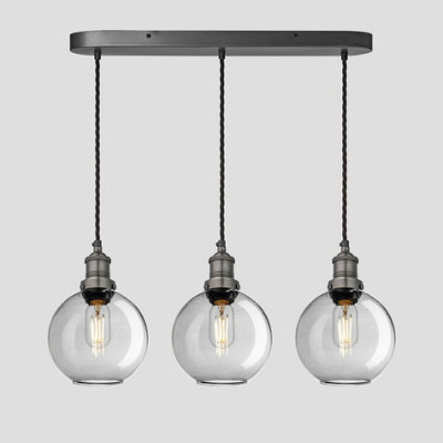 Industville Brooklyn Tinted Glass Globe 3 Wire Oval Cluster Lights, 7 inch, Smoke Grey, Pewter holder