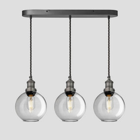 Industville Brooklyn Tinted Glass Globe 3 Wire Oval Cluster Lights, 7 inch, Smoke Grey, Pewter holder