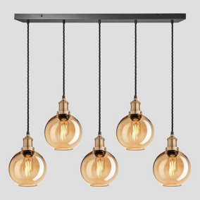 Industville Brooklyn Tinted Glass Globe 5 Wire Cluster Lights, 7 inch, Amber, Brass holder
