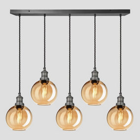 Industville Brooklyn Tinted Glass Globe 5 Wire Cluster Lights, 7 inch, Amber, Pewter holder