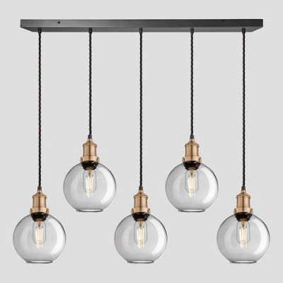 Industville Brooklyn Tinted Glass Globe 5 Wire Cluster Lights, 7 inch, Smoke Grey, Brass holder