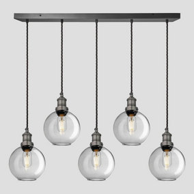 Industville Brooklyn Tinted Glass Globe 5 Wire Cluster Lights, 7 inch, Smoke Grey, Pewter holder