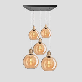 Industville Brooklyn Tinted Glass Globe 5 Wire Square Cluster Lights, 9 inch, Amber, Brass holder