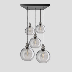 Industville Brooklyn Tinted Glass Globe 5 Wire Square Cluster Lights, 9 inch, Smoke Grey, Pewter holder