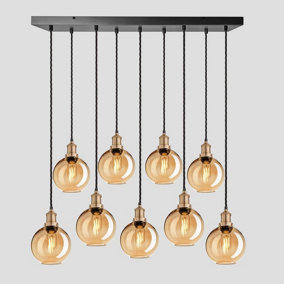 Industville Brooklyn Tinted Glass Globe 9 Wire Cluster Lights, 7 inch, Amber, Brass holder