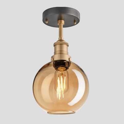 Industville Brooklyn Tinted Glass Globe Flush Mount, 7 Inch, Amber, Brass Holder