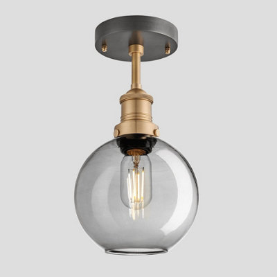 Industville Brooklyn Tinted Glass Globe Flush Mount, 7 Inch, Smoke Grey, Brass Holder