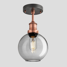 Industville Brooklyn Tinted Glass Globe Flush Mount, 7 Inch, Smoke Grey, Copper Holder