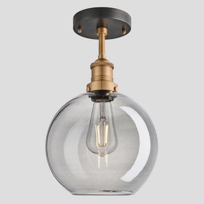 Industville Brooklyn Tinted Glass Globe Flush Mount, 9 Inch, Smoke Grey, Brass Holder