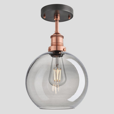 Industville Brooklyn Tinted Glass Globe Flush Mount, 9 Inch, Smoke Grey, Copper Holder