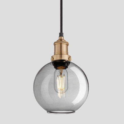 Industville Brooklyn Tinted Glass Globe Pendant, 7 Inch, Smoke Grey, Brass Holder