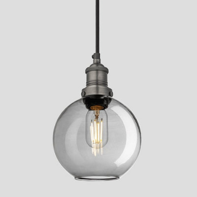 Industville Brooklyn Tinted Glass Globe Pendant, 7 Inch, Smoke Grey, Pewter Holder