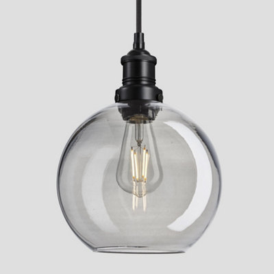 Industville Brooklyn Tinted Glass Globe Pendant, 9 Inch, Smoke Grey, Black Holder