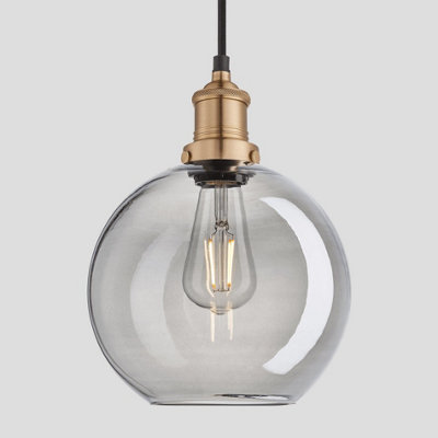 Industville Brooklyn Tinted Glass Globe Pendant, 9 Inch, Smoke Grey, Brass Holder