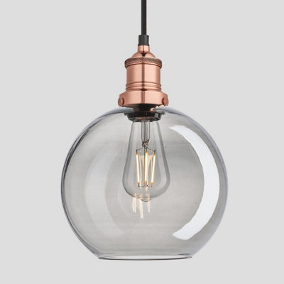 Industville Brooklyn Tinted Glass Globe Pendant, 9 Inch, Smoke Grey, Copper Holder