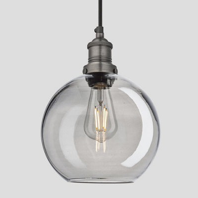 Industville Brooklyn Tinted Glass Globe Pendant, 9 Inch, Smoke Grey, Pewter Holder