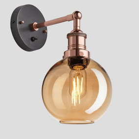 Industville Brooklyn Tinted Glass Globe Wall Light, 7 Inch, Amber, Copper Holder