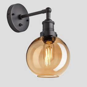 Industville Brooklyn Tinted Glass Globe Wall Light, 7 Inch, Amber, Pewter Holder