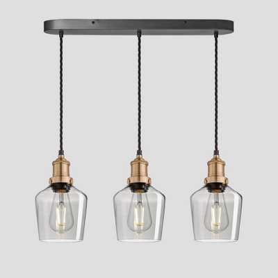 Industville Brooklyn Tinted Glass Schoolhouse 3 Wire Oval Cluster Lights, 5.5 inch, Smoke Grey, Brass holder