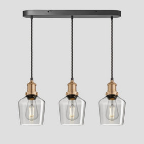 Industville Brooklyn Tinted Glass Schoolhouse 3 Wire Oval Cluster Lights, 5.5 inch, Smoke Grey, Brass holder