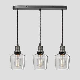 Industville Brooklyn Tinted Glass Schoolhouse 3 Wire Oval Cluster Lights, 5.5 inch, Smoke Grey, Pewter holder