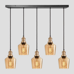 Industville Brooklyn Tinted Glass Schoolhouse 5 Wire Cluster Lights, 5.5 inch, Amber, Brass holder