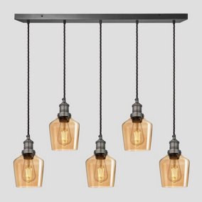 Industville Brooklyn Tinted Glass Schoolhouse 5 Wire Cluster Lights, 5.5 inch, Amber, Pewter holder