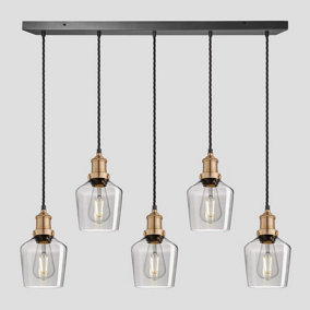 Industville Brooklyn Tinted Glass Schoolhouse 5 Wire Cluster Lights, 5.5 inch, Smoke Grey, Brass holder