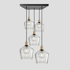Industville Brooklyn Tinted Glass Schoolhouse 5 Wire Square Cluster Lights, 10 inch, Smoke Grey, Brass holder