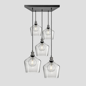 Industville Brooklyn Tinted Glass Schoolhouse 5 Wire Square Cluster Lights, 10 inch, Smoke Grey, Pewter holder