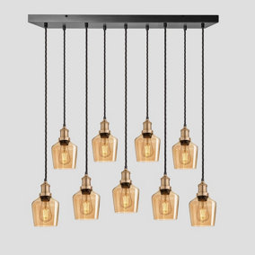 Industville Brooklyn Tinted Glass Schoolhouse 9 Wire Cluster Lights, 5.5 inch, Amber, Brass holder
