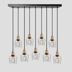 Industville Brooklyn Tinted Glass Schoolhouse 9 Wire Cluster Lights, 5.5 inch, Smoke Grey, Brass holder