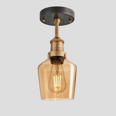 Industville Brooklyn Tinted Glass Schoolhouse Flush Mount, 5.5 Inch, Amber, Brass Holder