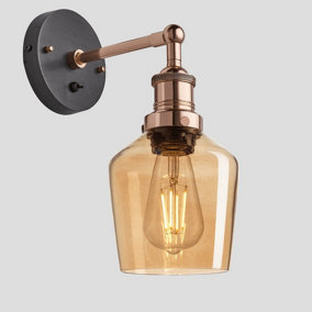 Industville Brooklyn Tinted Glass Schoolhouse Wall Light, 5.5 Inch, Amber, Copper Holder