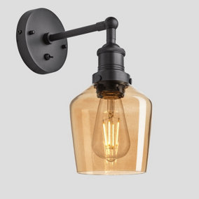 Industville Brooklyn Tinted Glass Schoolhouse Wall Light, 5.5 Inch, Amber, Pewter Holder