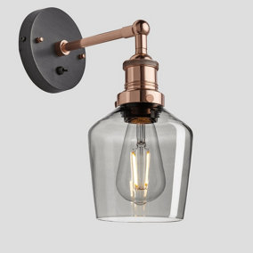 Industville Brooklyn Tinted Glass Schoolhouse Wall Light, 5.5 Inch, Smoke Grey, Copper Holder